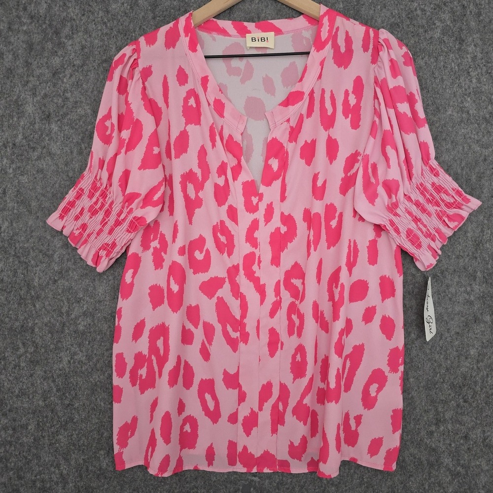 BiBi Blouse Womens M Pink Leopard‎ Print Puff Sleeve Smocked V Neck Tunic Top